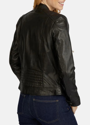 Womens Black Stand Up Collar Leather Moto Jacket