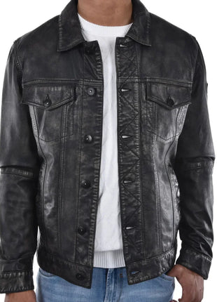 Mens Washed Black Leather Trucker Style Jacket