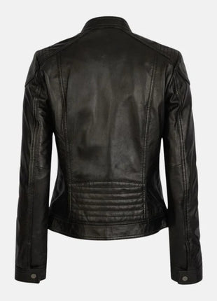 Womens Black Stand Up Collar Leather Moto Jacket