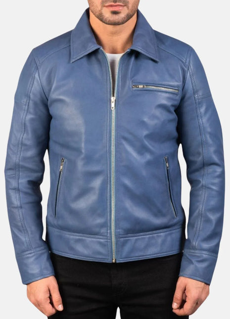 Shirt Collar Blue Leather Jacket Mens