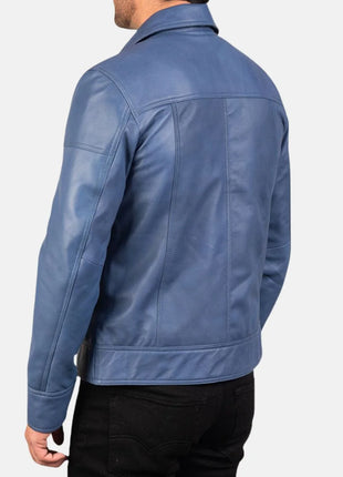 Shirt Collar Blue Leather Jacket Mens