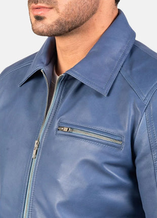 Shirt Collar Blue Leather Jacket Mens