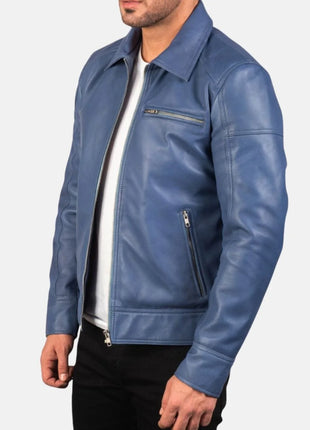 Shirt Collar Blue Leather Jacket Mens