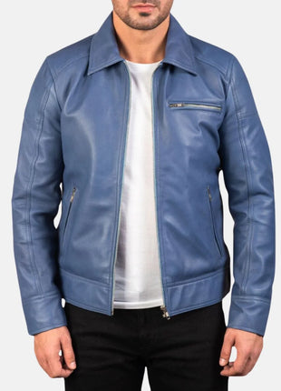 Shirt Collar Blue Leather Jacket Mens
