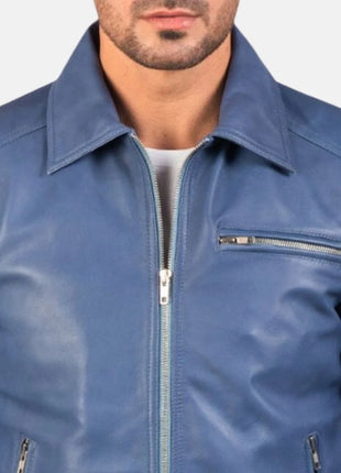 Shirt Collar Blue Leather Jacket Mens