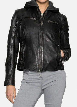 Womens Black Cafe Racer Jacket With Removable Hood