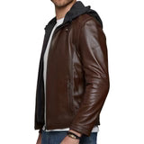 Men's Real Dark Brown Leather Jacket with Hood