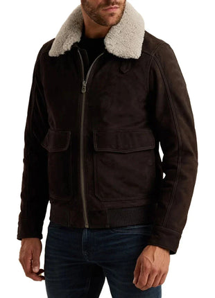 Men's Brown Aviator Nubuck Leather Fur Jacket