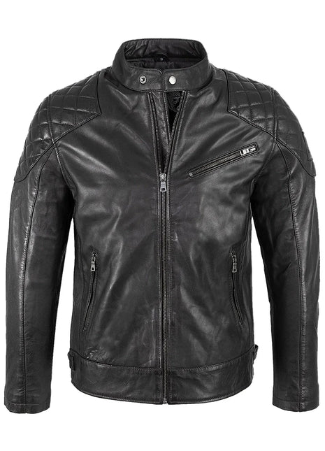 Mens Padded Black Cafe Racer Leather Jacket