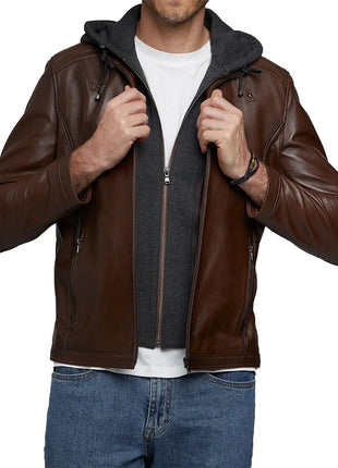Men's Real Dark Brown Leather Jacket with Hood