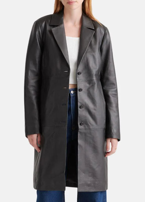 Black Long Leather Trench Coat Womens