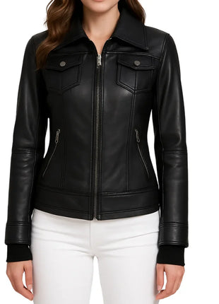 Emmy Black Leather Biker Jacket Women with Removable Hood