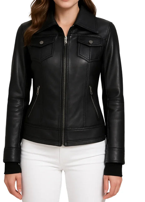 Emmy Black Leather Biker Jacket Women with Removable Hood