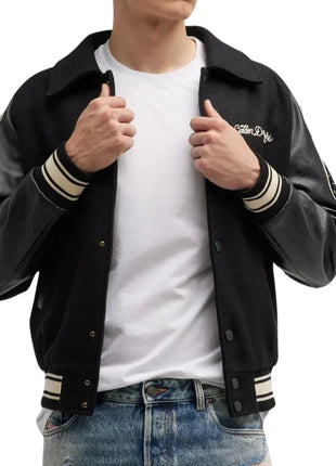 Mens Black Wool College Bomber Jacket with Leather Sleeves
