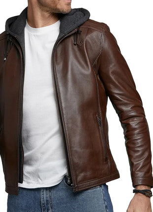 Men's Real Dark Brown Leather Jacket with Hood