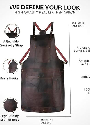 Premium Full Grain Leather Apron, Crossbody Bib Design, Dark Brown, Unisex