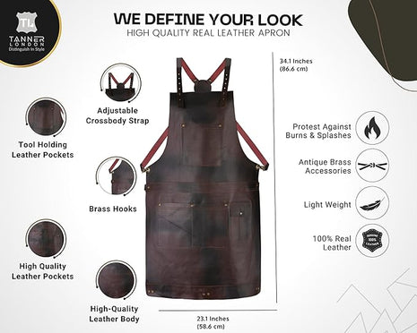 Premium Full Grain Leather Apron, Crossbody Bib Design, Dark Brown, Unisex