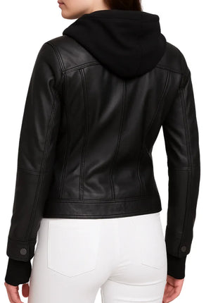 Emmy Black Leather Biker Jacket Women with Removable Hood