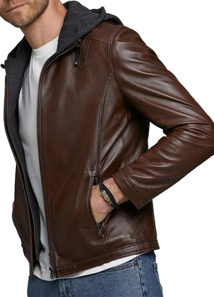 Men's Real Dark Brown Leather Jacket with Hood