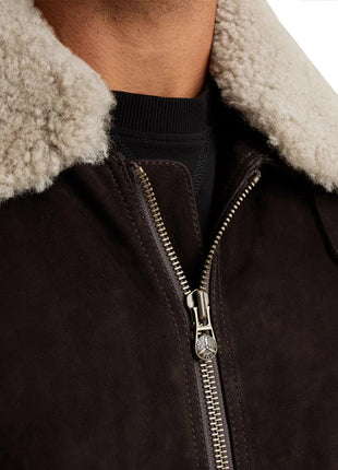 Men's Brown Aviator Nubuck Leather Fur Jacket