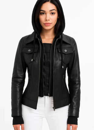 Emmy Black Leather Biker Jacket Women with Removable Hood