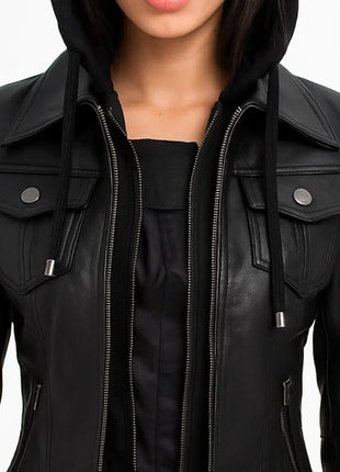 Emmy Black Leather Biker Jacket Women with Removable Hood