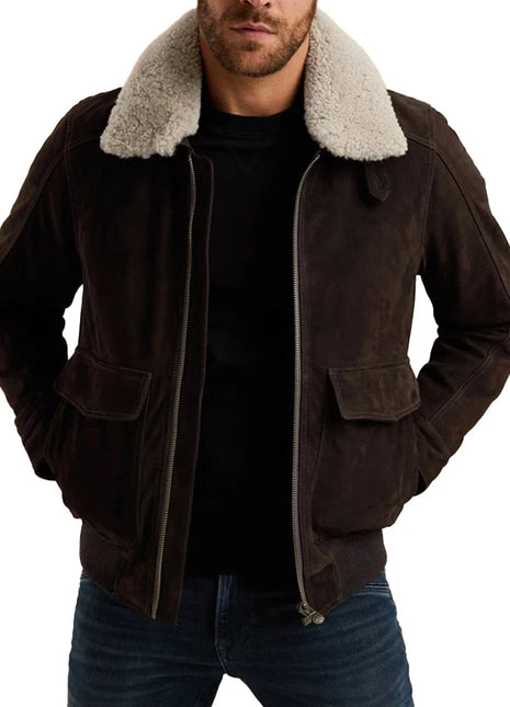 Men's Brown Aviator Nubuck Leather Fur Jacket