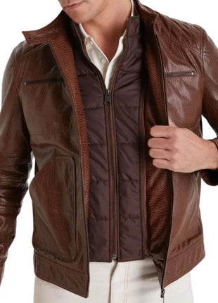 Mens Waxed Brown Quilted Leather Biker Jacket with Removable Vest