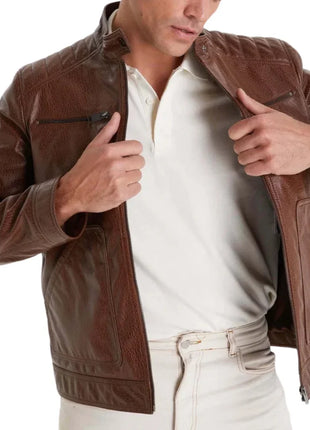 Mens Waxed Brown Quilted Leather Biker Jacket with Removable Vest