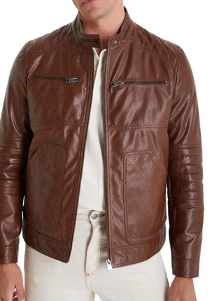 Mens Waxed Brown Quilted Leather Biker Jacket with Removable Vest