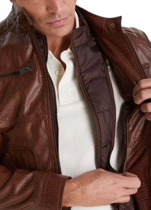 Mens Waxed Brown Quilted Leather Biker Jacket with Removable Vest