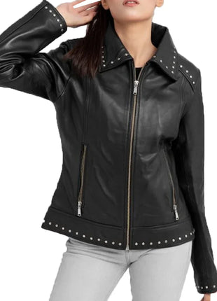 Classic Studded Black Leather Jacket Womens