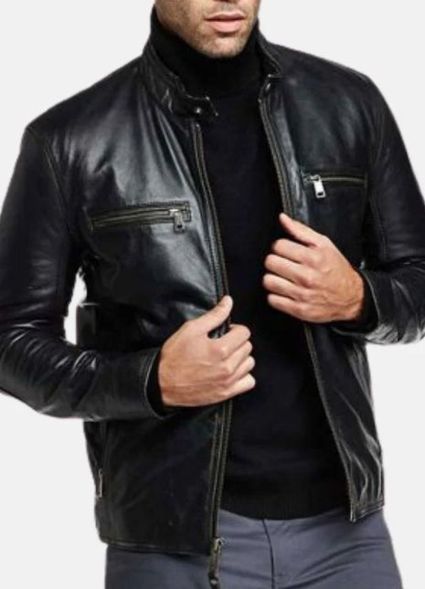 Mens Black Carbon Leather Biker Jacket