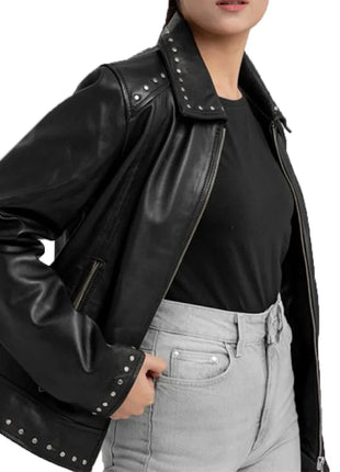Classic Studded Black Leather Jacket Womens