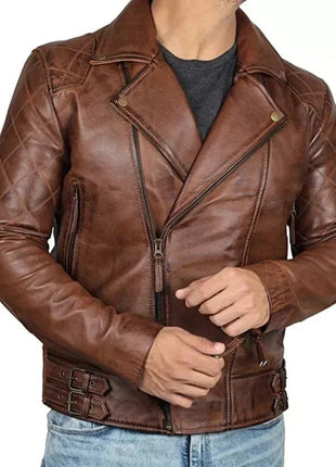 Men's Quilted Asymmetrical Dark Brown Leather Biker Jacket