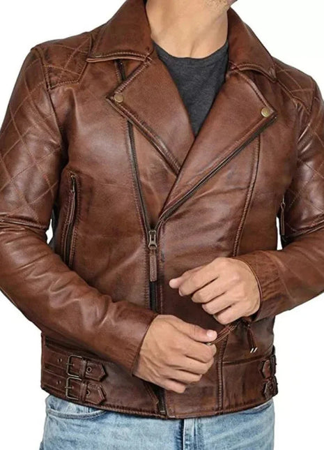 Men's Quilted Asymmetrical Dark Brown Leather Biker Jacket