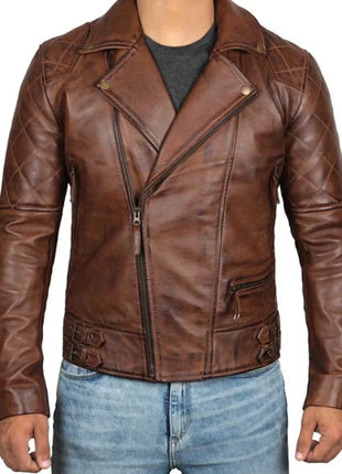 Men's Quilted Asymmetrical Dark Brown Leather Biker Jacket