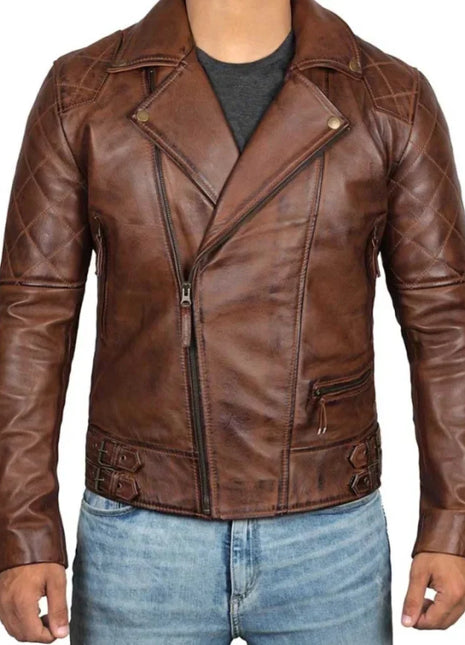 Men's Quilted Asymmetrical Dark Brown Leather Biker Jacket