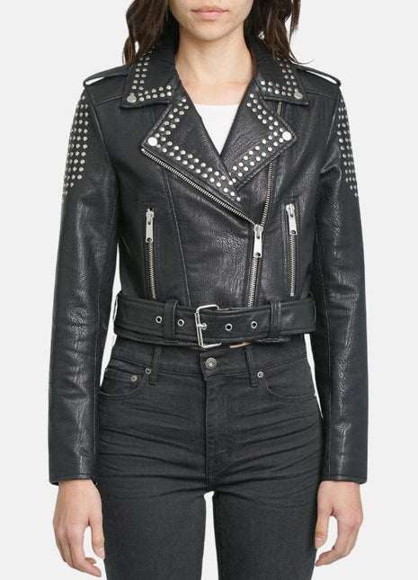 Women Punk Style Black Studded Leather Jacket