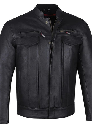 Men's Buffalo Leather Black Motorcycle Jacket with Removable CE Armor