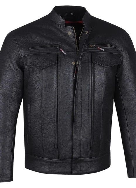 Men's Buffalo Leather Black Motorcycle Jacket with Removable CE Armor