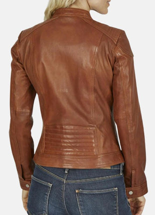 Slim Fit Motorcycle Tan Leather Jacket For Womens