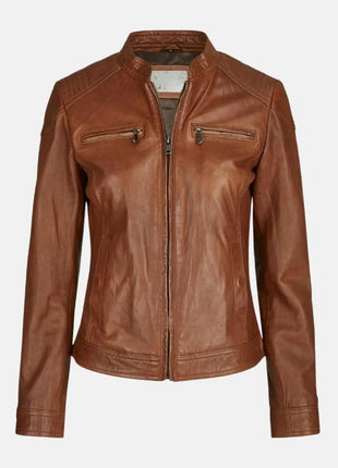 Slim Fit Motorcycle Tan Leather Jacket For Womens