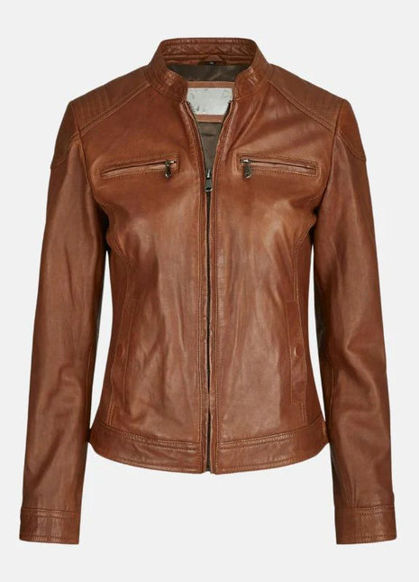Slim Fit Motorcycle Tan Leather Jacket For Womens