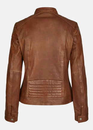 Slim Fit Motorcycle Tan Leather Jacket For Womens