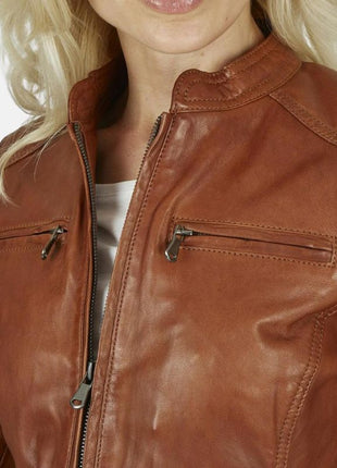 Slim Fit Motorcycle Tan Leather Jacket For Womens
