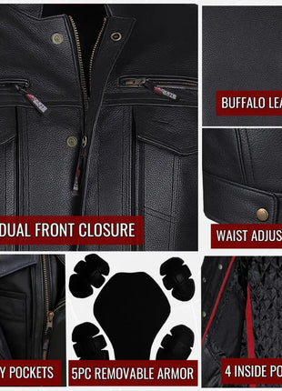 Men's Buffalo Leather Black Motorcycle Jacket with Removable CE Armor