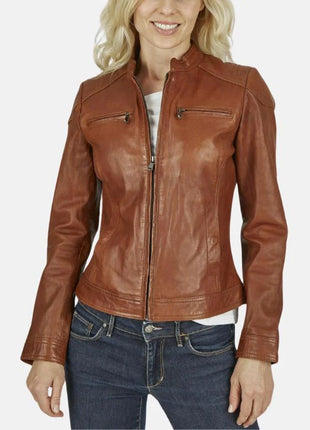 Slim Fit Motorcycle Tan Leather Jacket For Womens