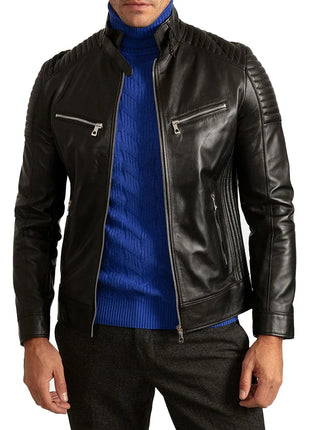 Mens Signature Black Leather Cafe Racer Motorcycle Jacket