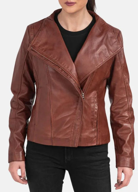 Womens Asymmetrical Dark Brown Leather Biker Jacket